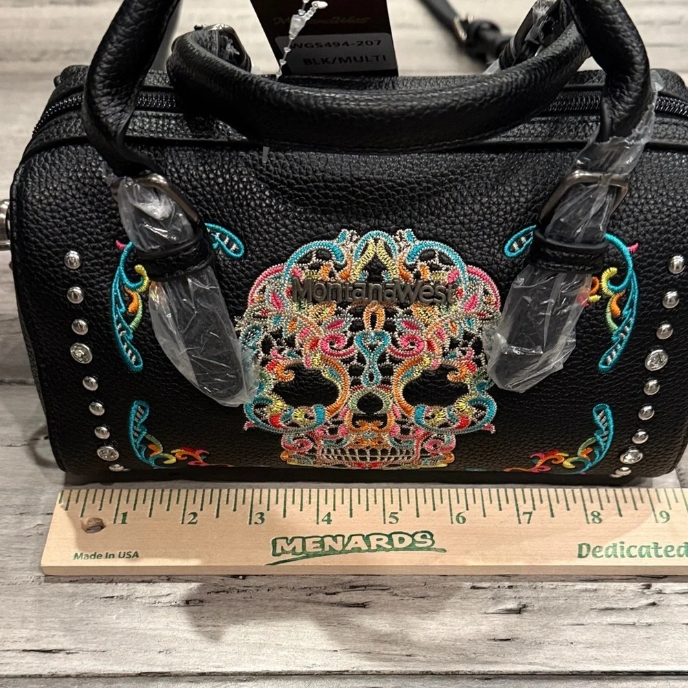 Montana West Black Satchel with Colorful Embroidered Sugar Skull